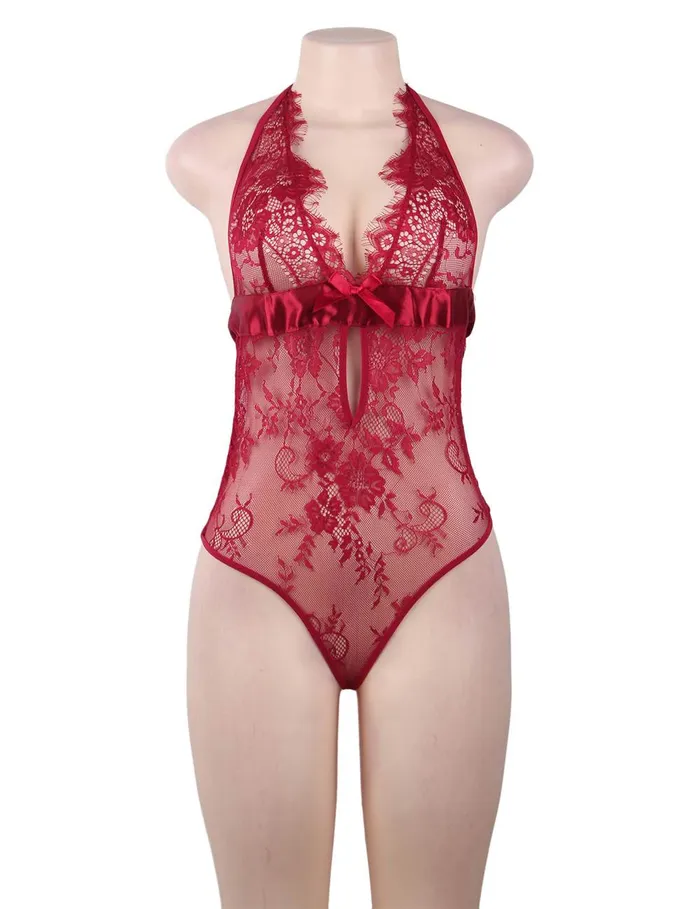 Teddy 1 Pc Red Deep V Backless Exquisite Lace Sleepwear FRISKY BUSINESS SG Anal
